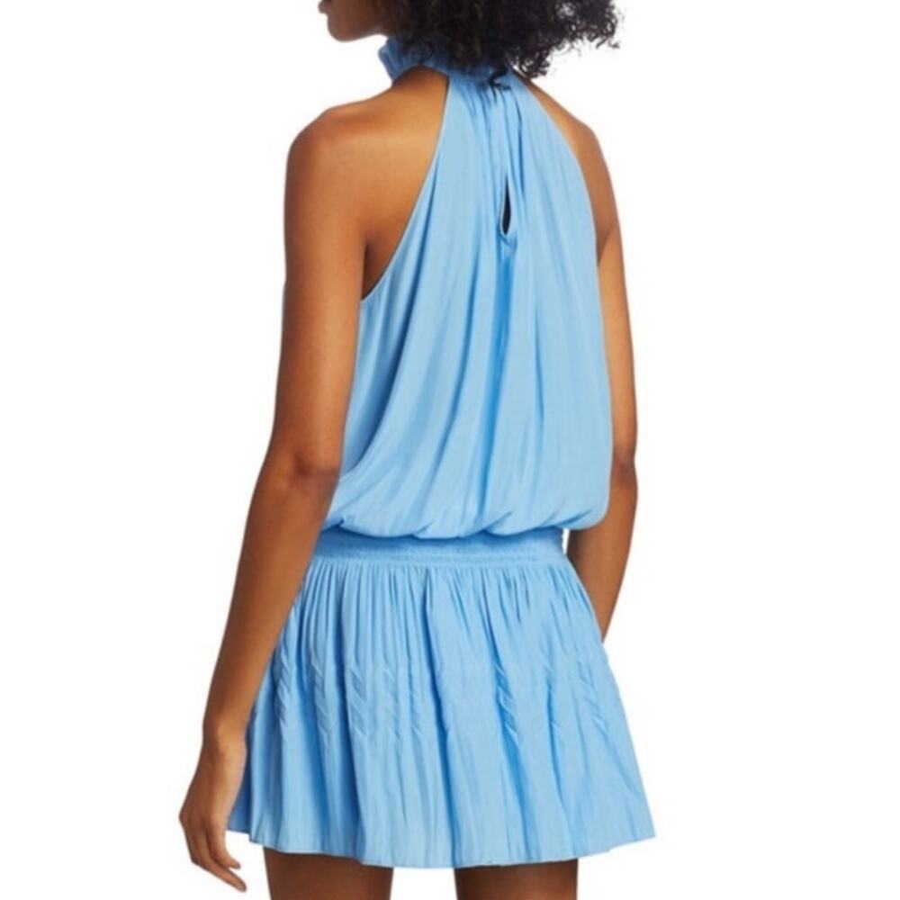 Ramy Brook Karoline Halter Mini Dress Blue Pleated Sleeveless Women Size M READ - Picture 2 of 14